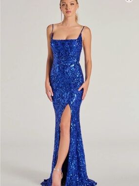 Windsor Royal Blue Sequin Spaghetti-Strap Prom Dress with Front Slit